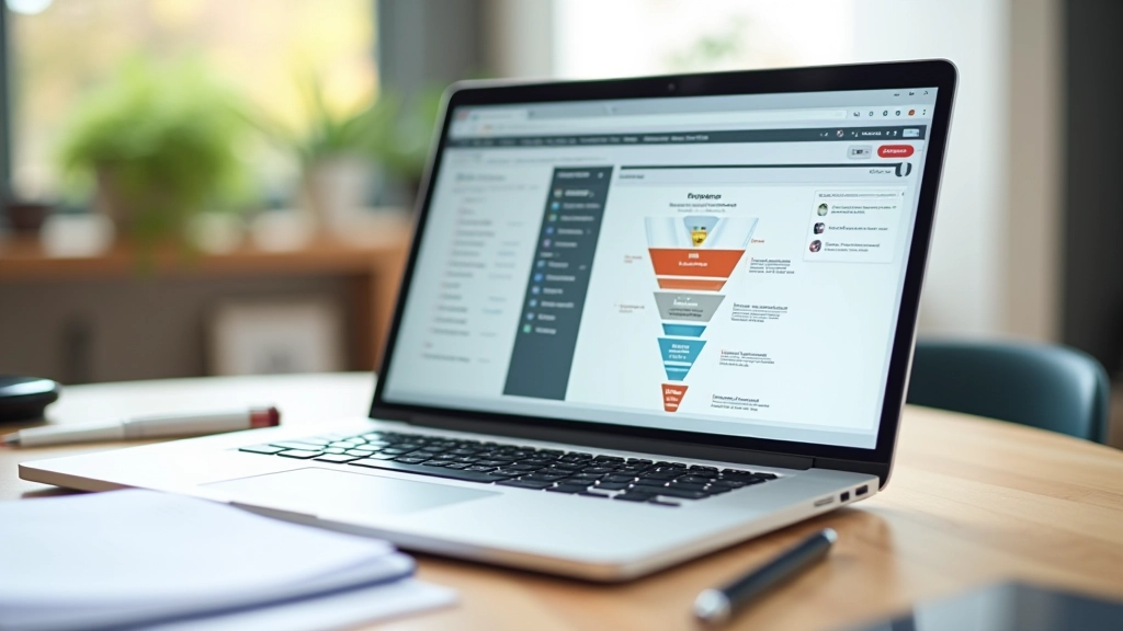 Ordinateur portable sur un bureau montrant un entonnoir de vente avec des étapes visuelles et des conversions