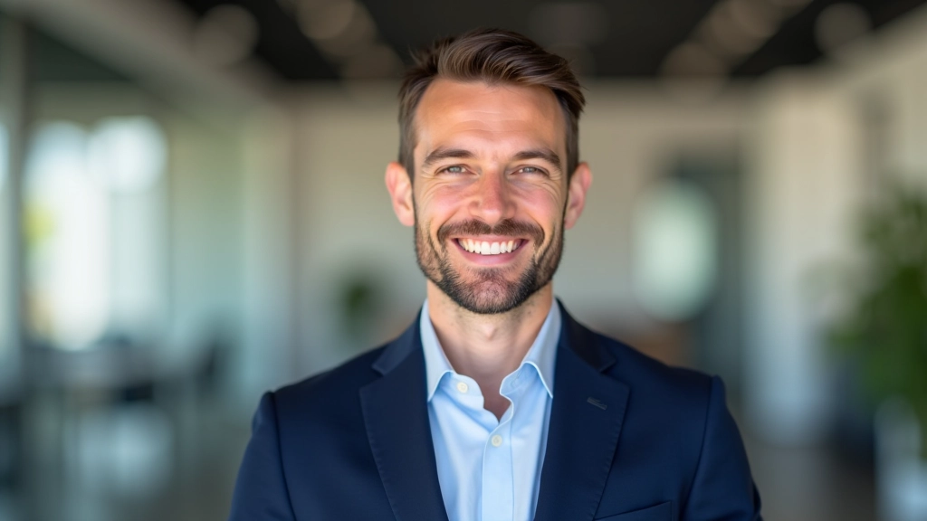 Portrait professionnel d'un consultant en automatisation, costume bleu marine, sourire confiant, bureau moderne