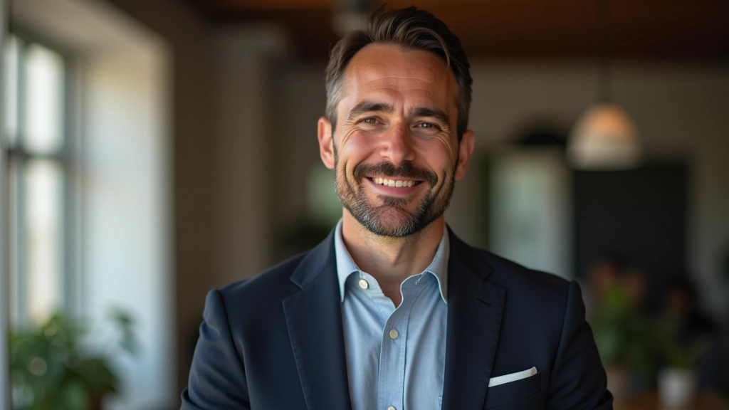 Portrait d'un technicien webinaires, tenue décontractée professionnelle, expression engagée, environnement créatif