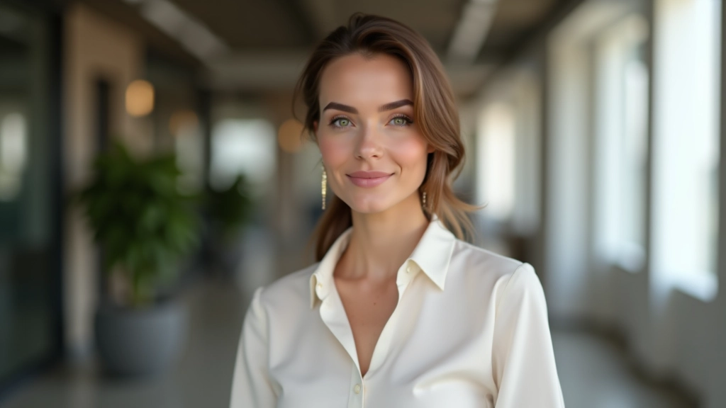 Portrait d'une spécialiste email marketing, tenue professionnelle élégante, bureau moderne en arrière-plan