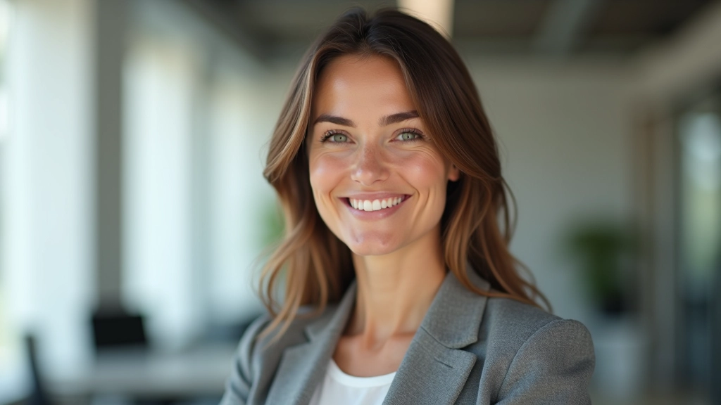 Portrait professionnel d'une experte en produits récurrents, blazer gris, expression professionnelle, environnement de travail lumineux